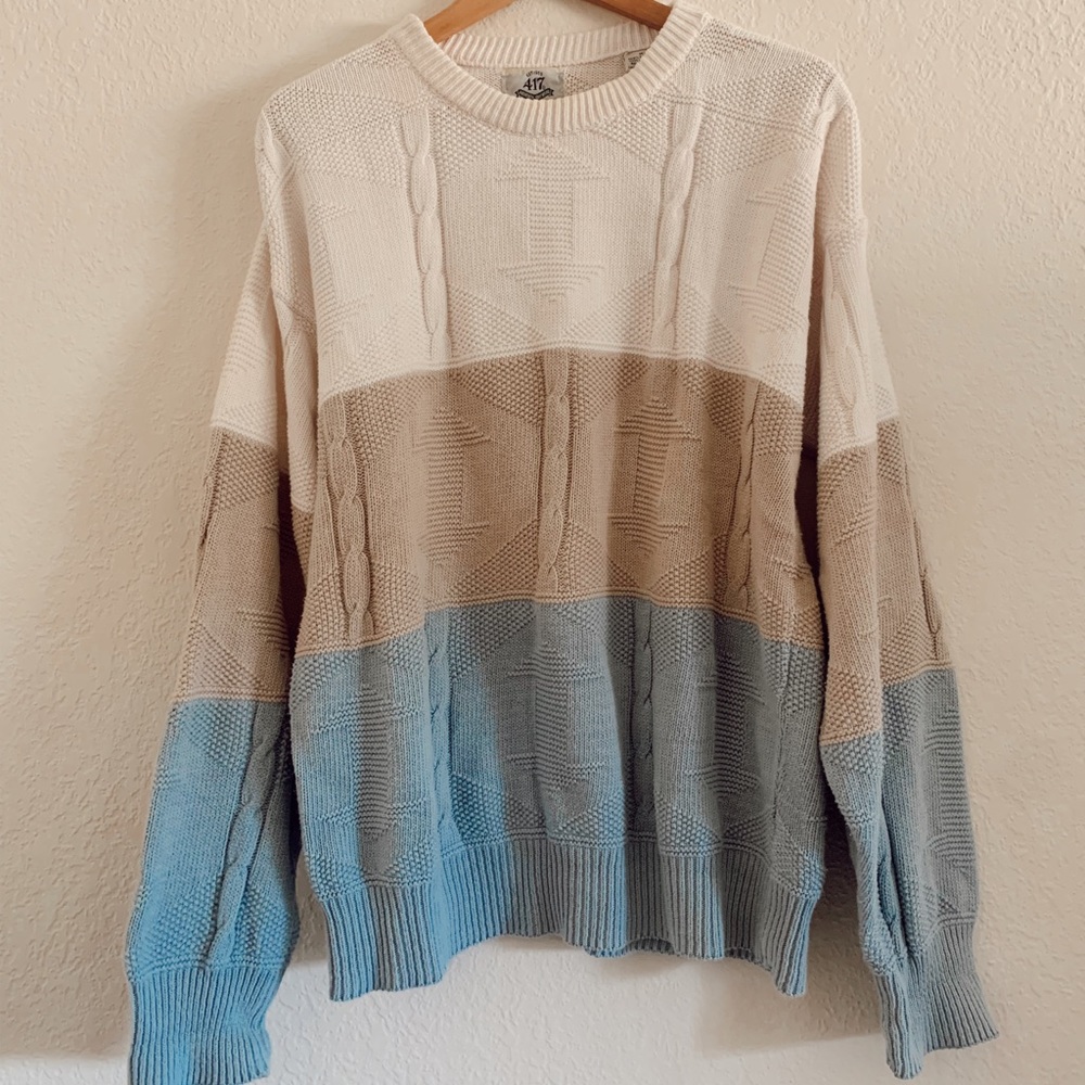 blue white and beige knit chunky sweater !